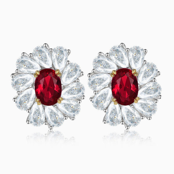 18K Gold Plated Ruby Cubic Zirconia Flower Halo Sterling Silver Jewelry Set