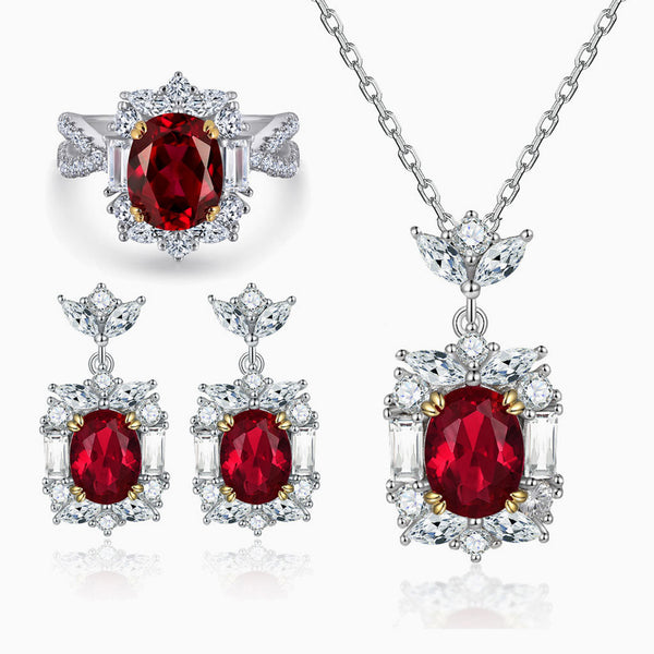 18K Gold Plated Ruby Cubic Zirconia Halo Cluster Sterling Silver Jewelry Set