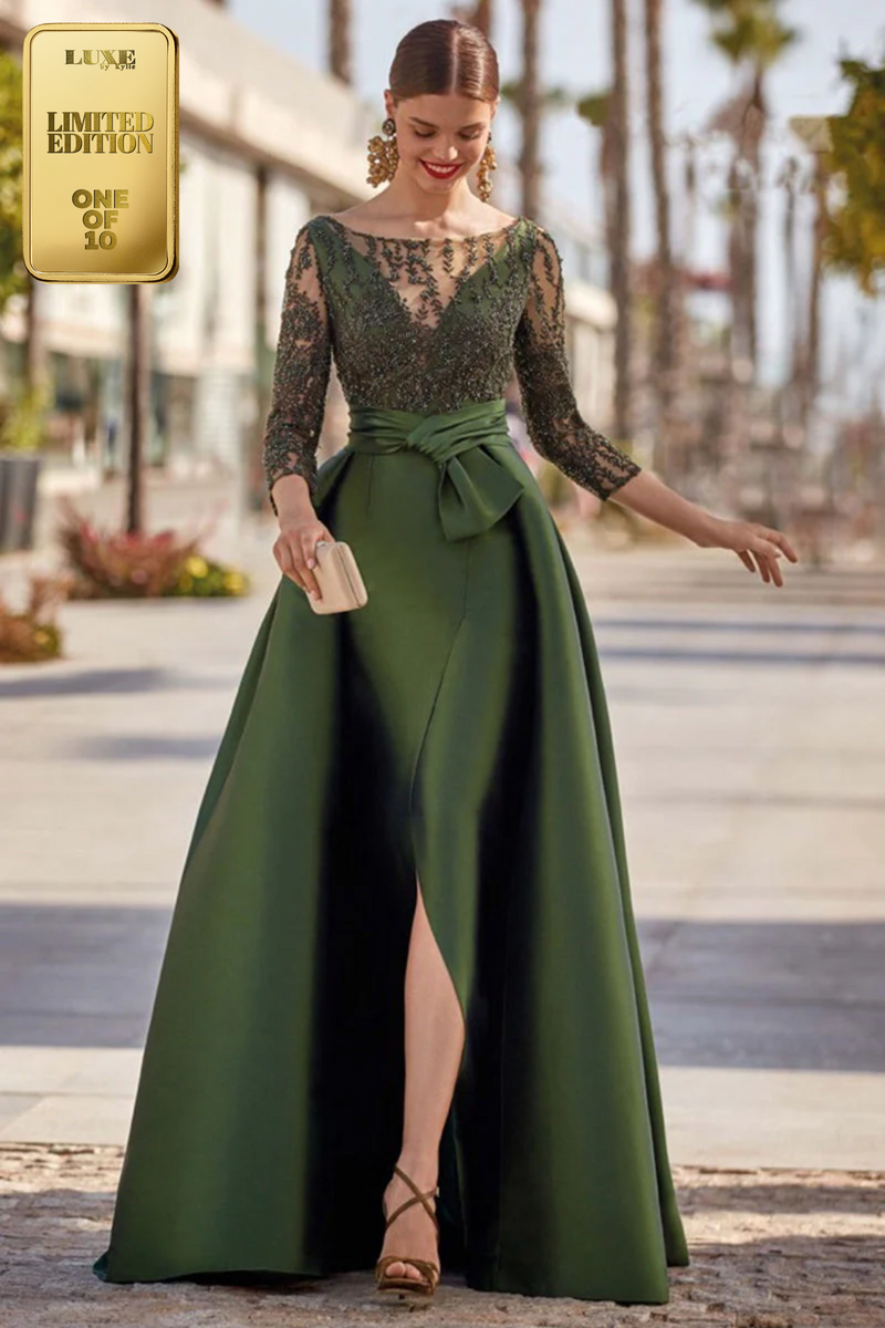 Chic A-Line Long Sleeves Appliques Belt Evening Formal Dress with Slit