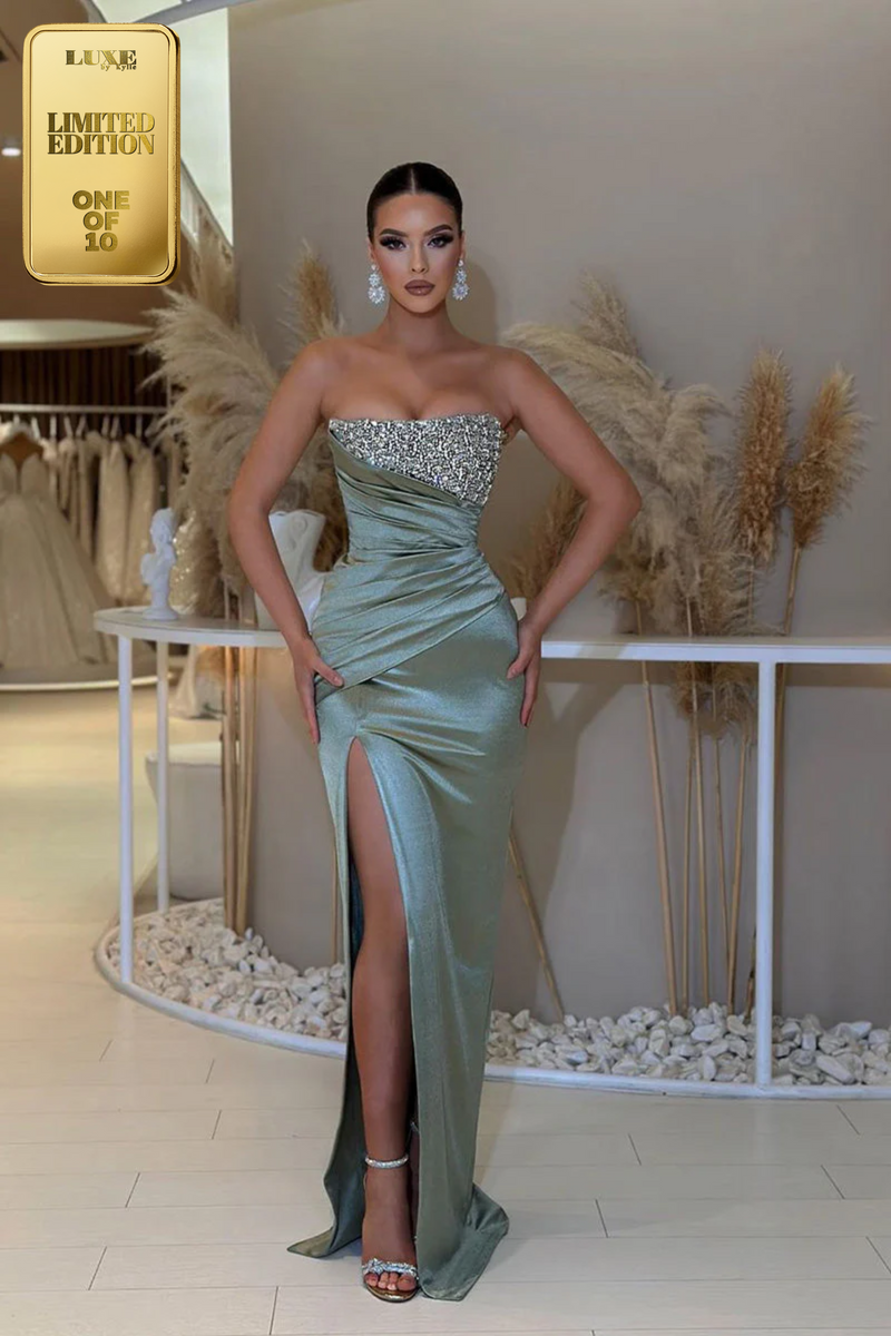 Gorgeous Off-Shoulder Pleats Side Slit Prom Formal Evening Dress