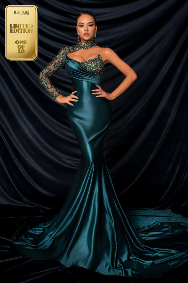 Stunning One Shoulder Beaded Mermaid Long Sleeves Long Prom Evening Dress