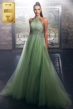 Unique Halter Beads A-line Tulle Long Prom Evening Dress