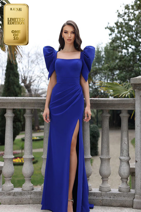 Elegant Sheath Pleats Puff Sleeves Satin Prom Evening Formal Dress