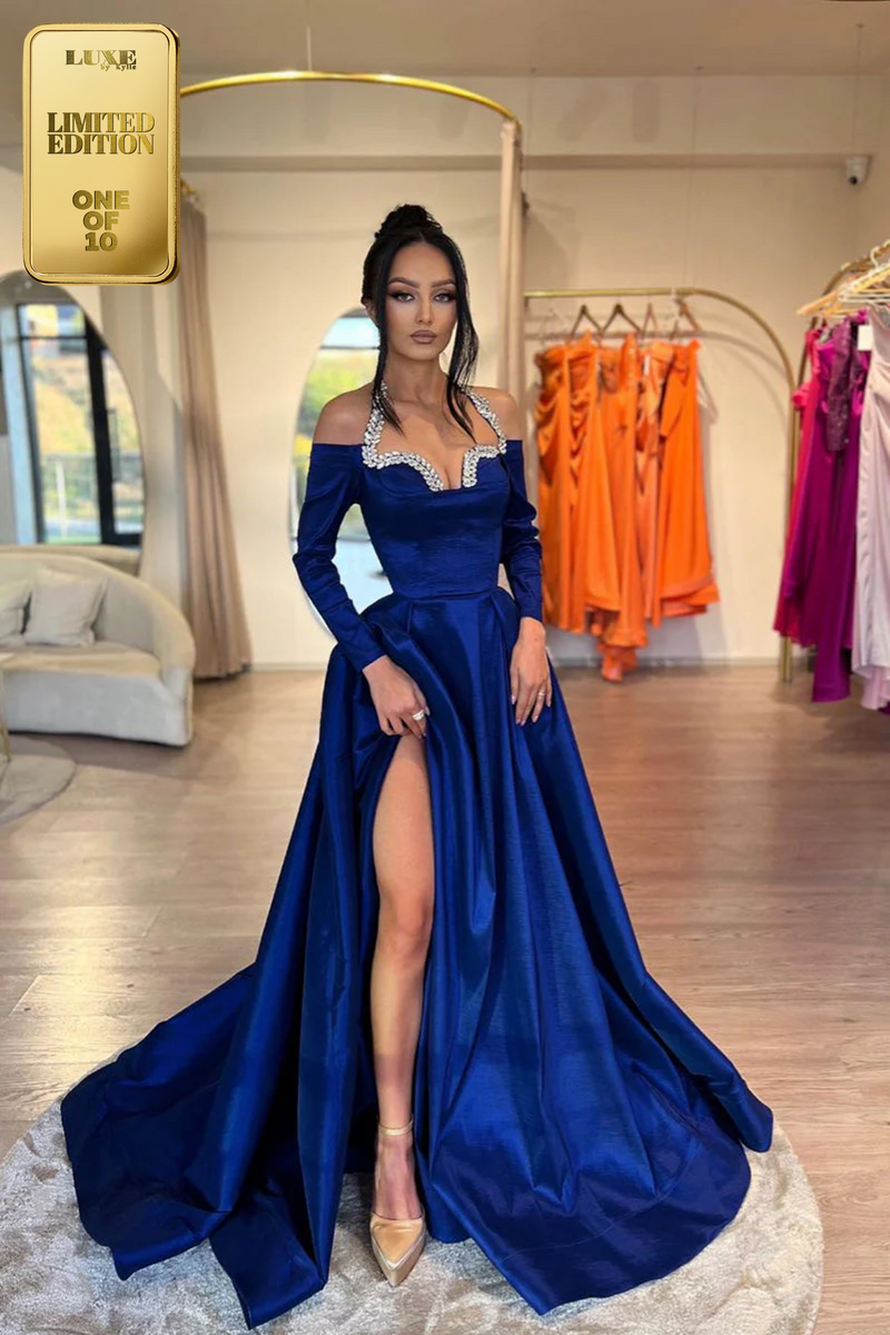 A-Line Halter Beads Side Split Pleated Long Sleeves Long Prom Evening Dress