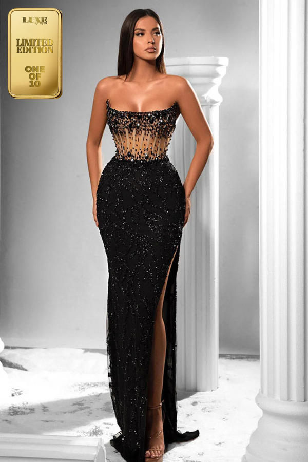 Luxurious Strapless Beads Scoop Side Slit Prom Evening Party Dress