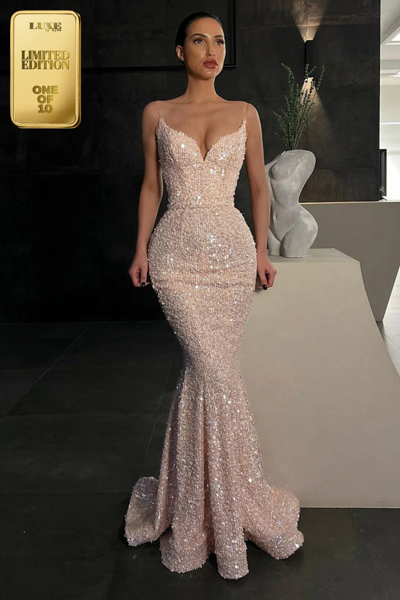 Spaghetti Straps V-Neck Sequined Mermaid Prom Party Formal Dress