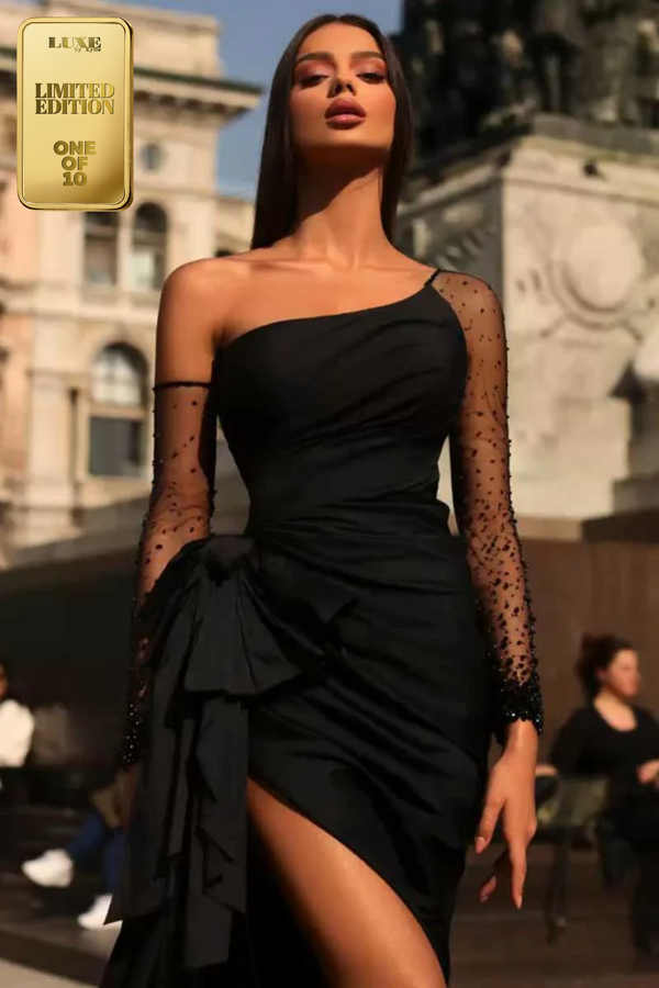 Modern One Shoulder Side Slit Pleats Prom Evening Formal Dress