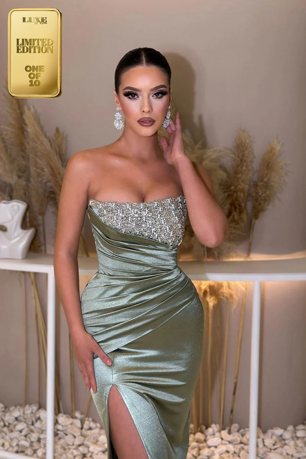 Gorgeous Off-Shoulder Pleats Side Slit Prom Formal Evening Dress