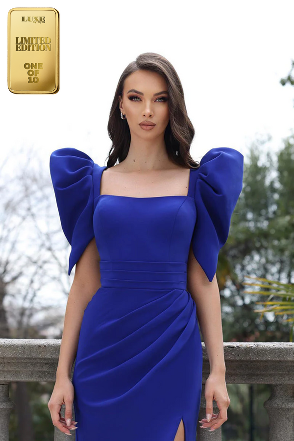 Elegant Sheath Pleats Puff Sleeves Satin Prom Evening Formal Dress