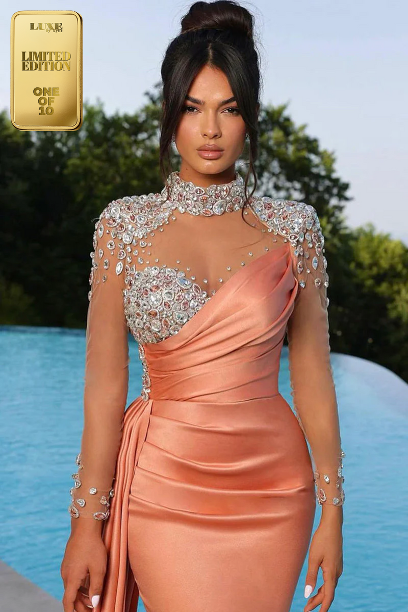 Stunning Beads High Neck Mermaid Pleats Prom Evening Formal Dress