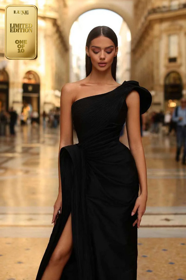 Chic One Shoulder Pleats Sleeveless High Slit Prom Evening Formal Dress