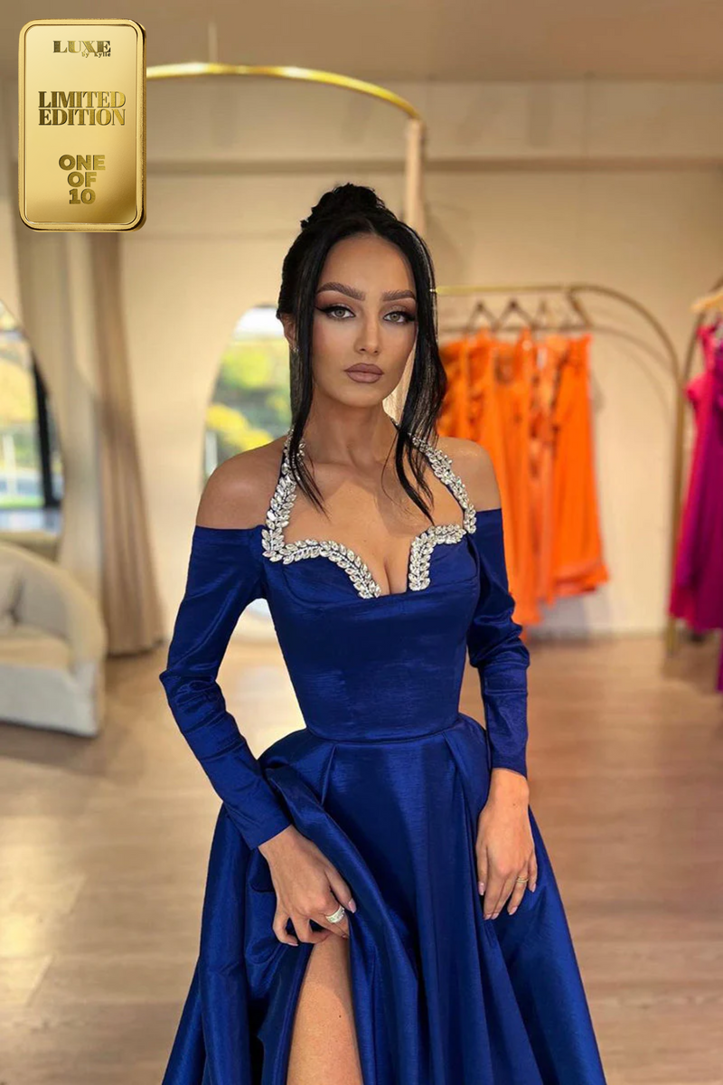 A-Line Halter Beads Side Split Pleated Long Sleeves Long Prom Evening Dress