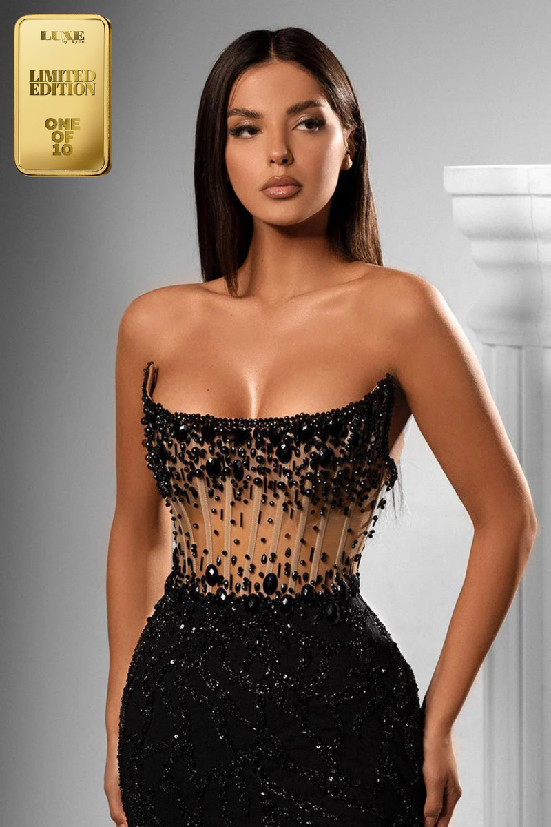 Luxurious Strapless Beads Scoop Side Slit Prom Evening Party Dress