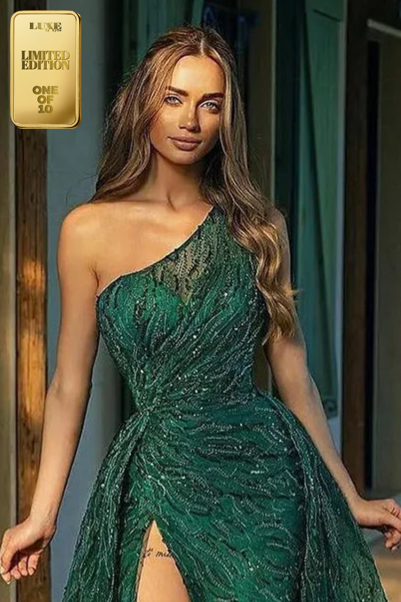 Stunning One Shoulder Appliques Sparkly Formal Evening Dress with Split