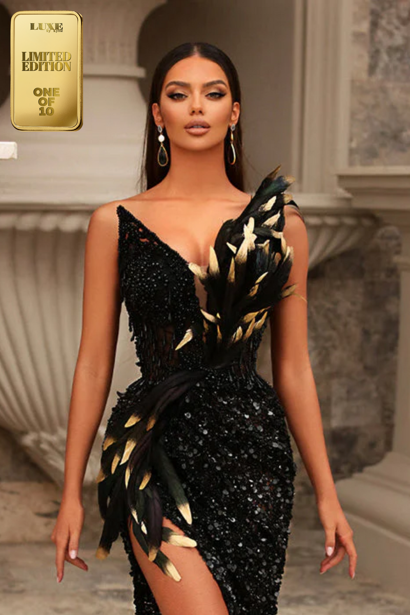 Glamorous V-Neck Feathers Sequins Beads Prom Evening Formal Dress with Slit