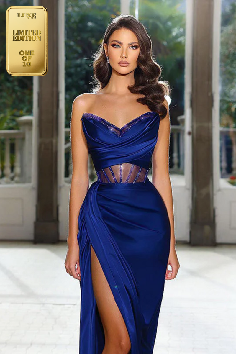 Stunning Strapless V-Neck Beads Prom Evening Formal Dress with Slit