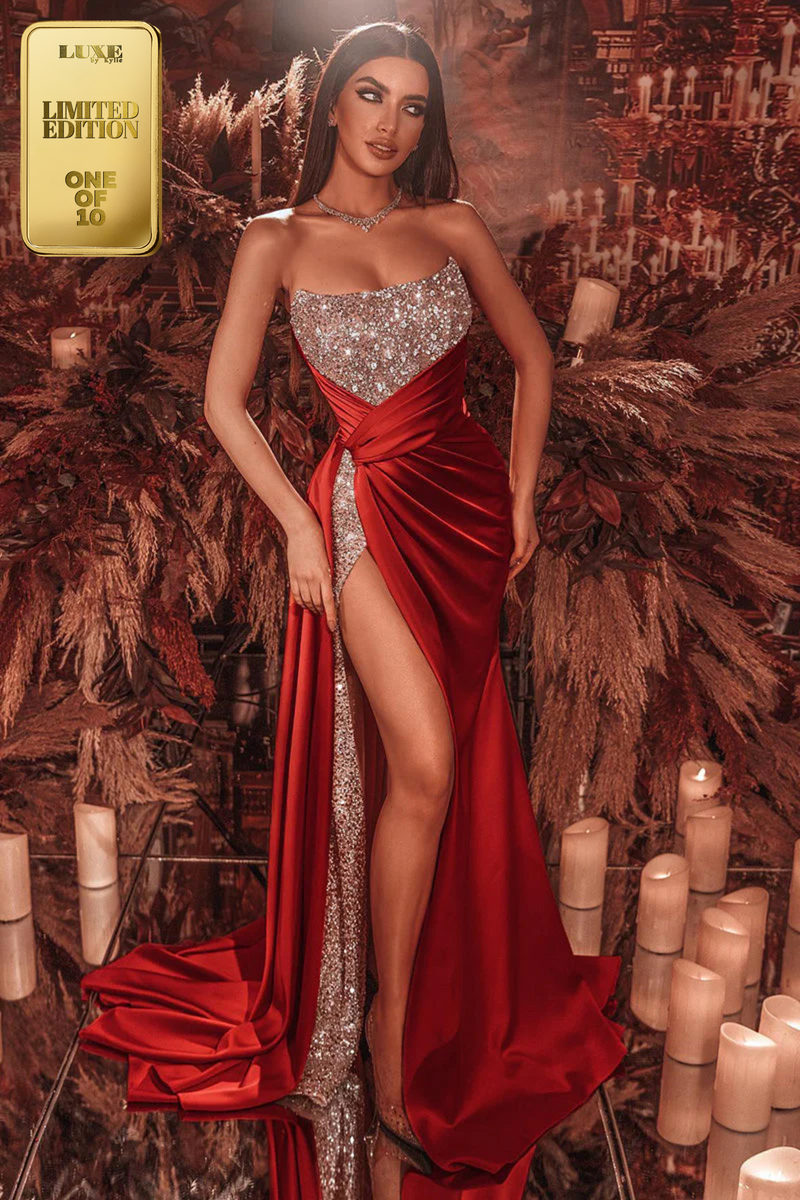 Strapless High Split Beads Red Sparkly Prom Evening Dress