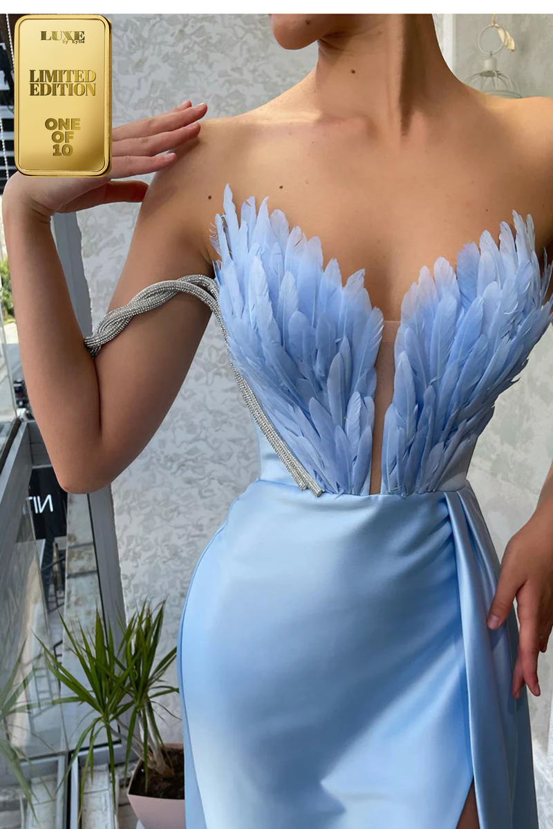 Sexy V-Neck Off-Shoulder Pleats Feathers Prom Formal Gown