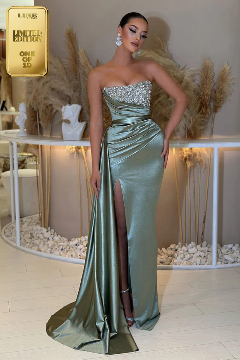 Gorgeous Off-Shoulder Pleats Side Slit Prom Formal Evening Dress