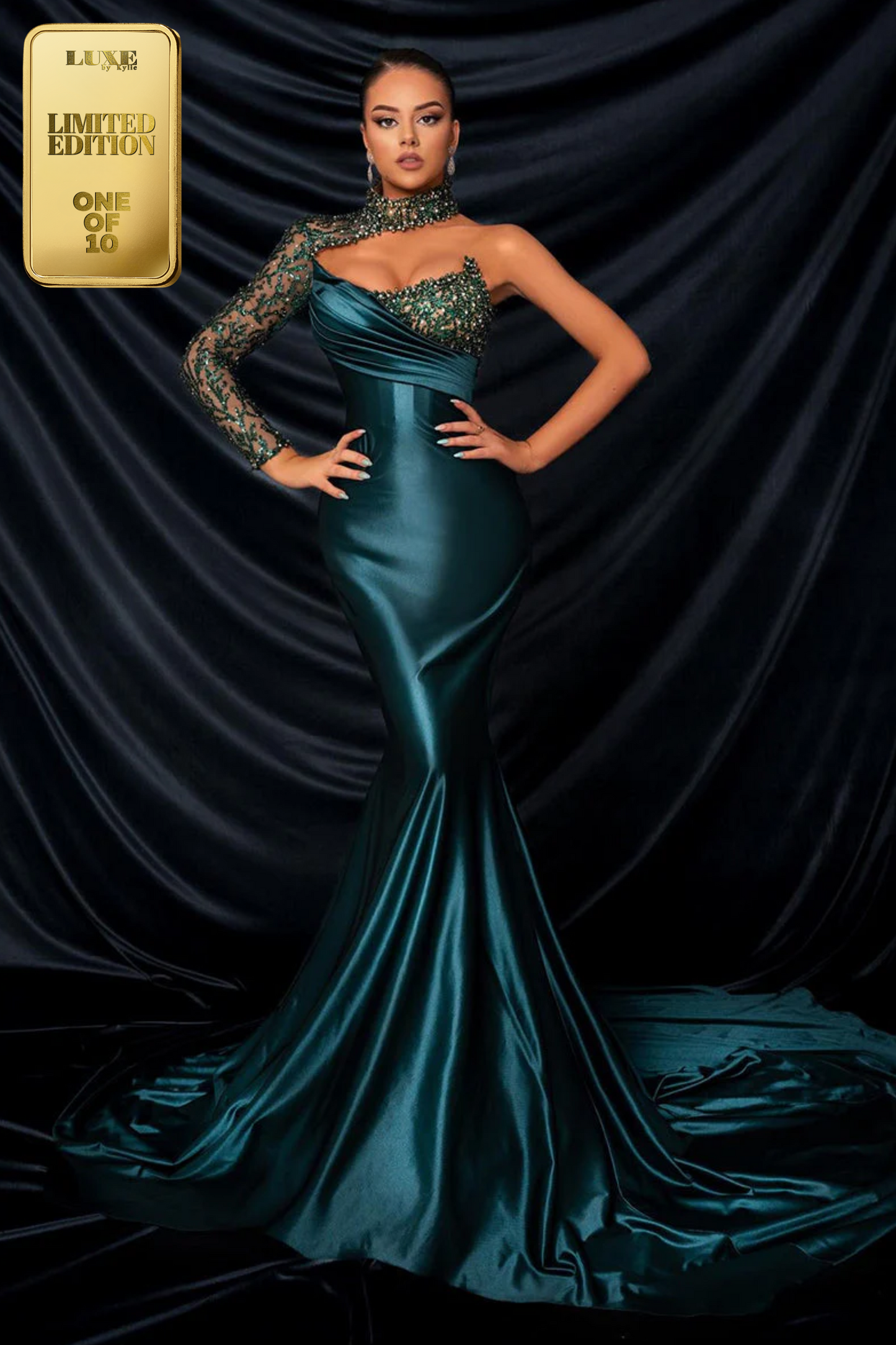 Stunning One Shoulder Beaded Mermaid Long Sleeves Long Prom Evening Dress