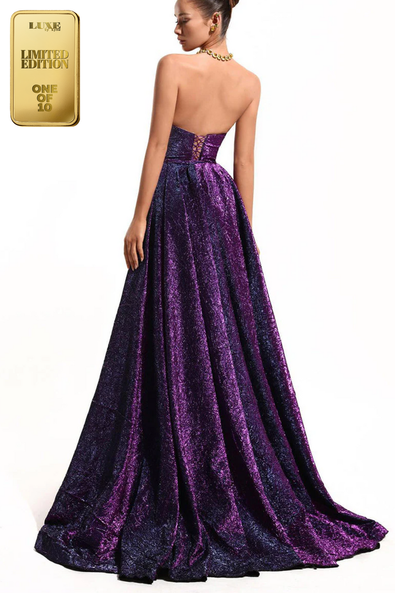 Glitter Strapless Scoop A-Line High Slit Prom Evening Formal Dress