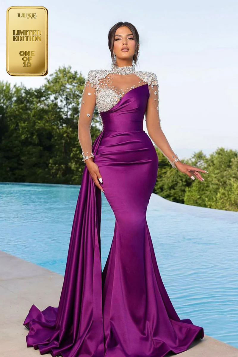 Stunning Beads High Neck Mermaid Pleats Prom Evening Formal Dress