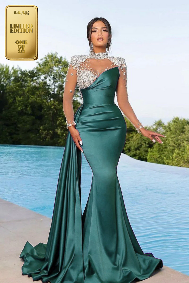 Stunning Beads High Neck Mermaid Pleats Prom Evening Formal Dress