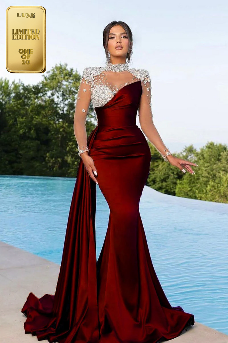 Stunning Beads High Neck Mermaid Pleats Prom Evening Formal Dress