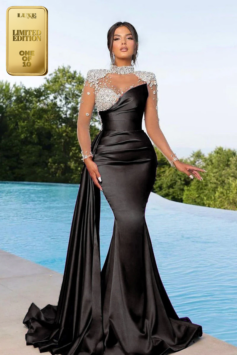 Stunning Beads High Neck Mermaid Pleats Prom Evening Formal Dress