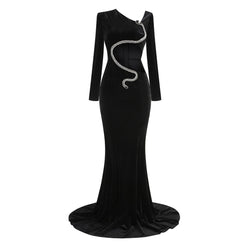 Asymmetric Cutout Crystal Snake Padded Shoulder Velvet Fishtail Maxi Dress