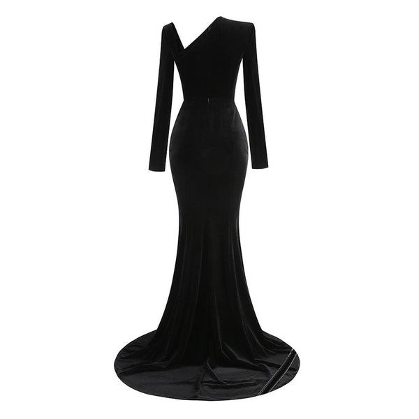 Asymmetric Cutout Crystal Snake Padded Shoulder Velvet Fishtail Maxi Dress