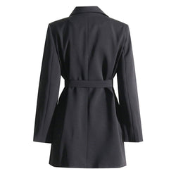 Asymmetrical Lapel Padded Shoulder Single Button Belted Mini Blazer Dress