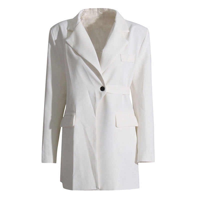 Asymmetrical Lapel Padded Shoulder Single Button Belted Mini Blazer Dress