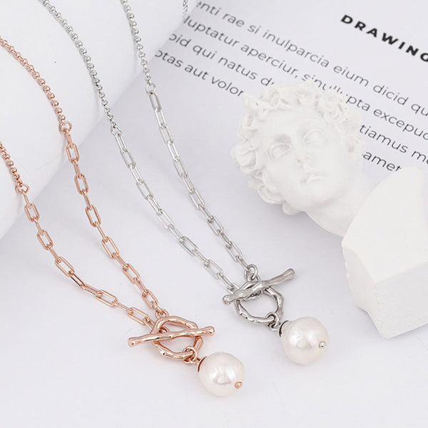 Baroque Freshwater Pearl Toggle Pendant Cable Paperclip Link Necklace