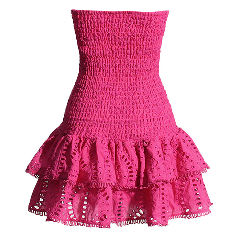 Boho Strapless Smocked Broderie Anglaise Tiered Ruffled Vacation Mini Dress