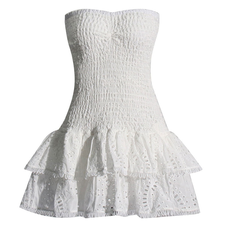 Boho Strapless Smocked Broderie Anglaise Tiered Ruffled Vacation Mini Dress