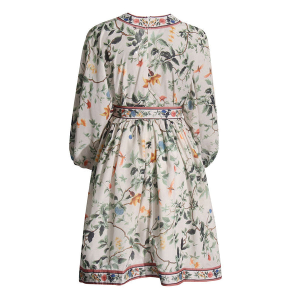 Boho Style V Neck Blouson Sleeve High Waist Belted Floral Print Mini Dress