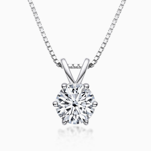 Box Chain Sterling Silver Six Prong Moissanite Solitaire Pendant Necklace