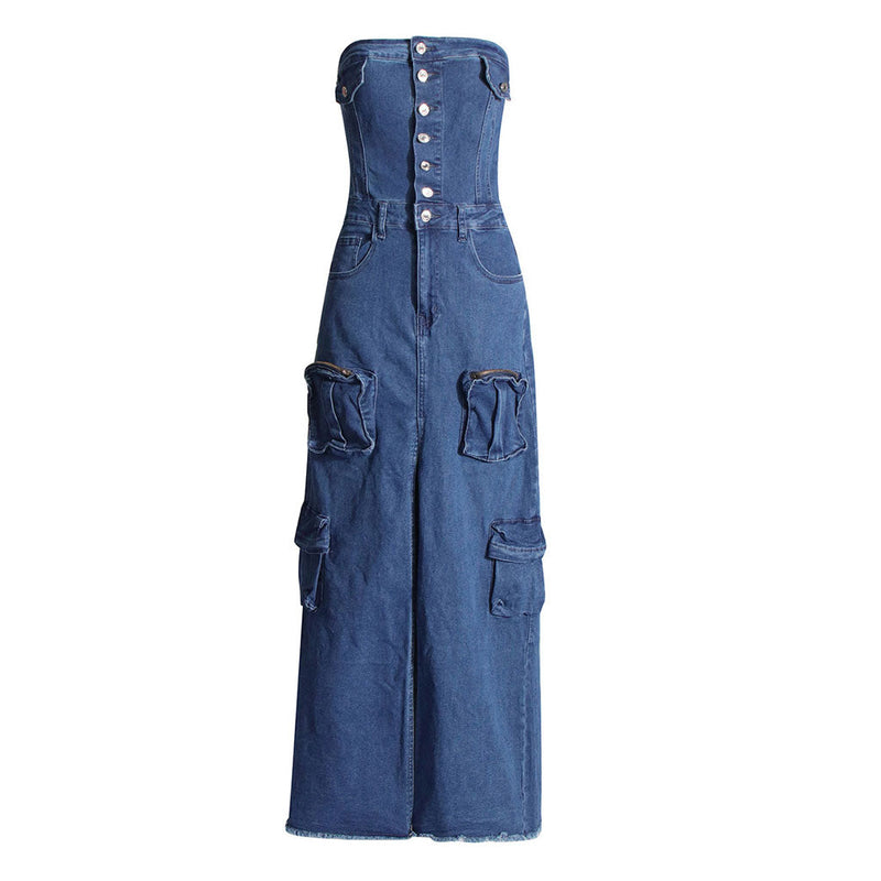 Chic Button Up Strapless Cargo Pocket Split Frayed Hem Denim Maxi Dress