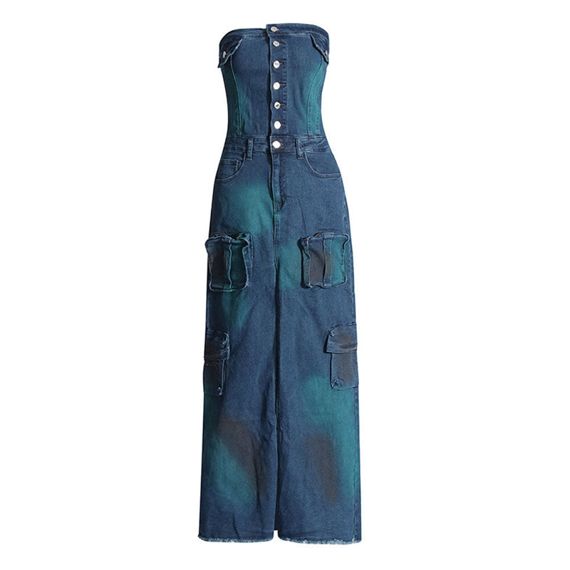 Chic Button Up Strapless Cargo Pocket Split Frayed Hem Denim Maxi Dress