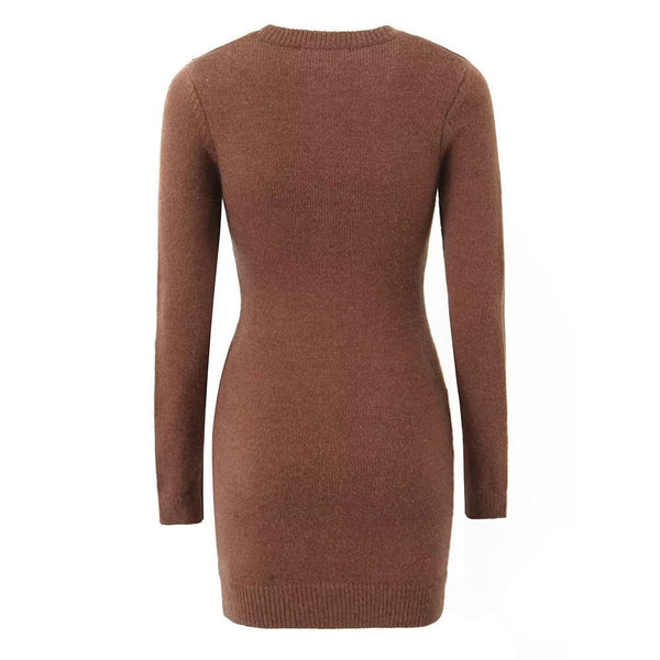 Chic Crew Neck Button Up Pocketed Long Sleeve Ribbed Knit Sweater Mini Dress