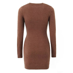 Chic Crew Neck Button Up Pocketed Long Sleeve Ribbed Knit Sweater Mini Dress