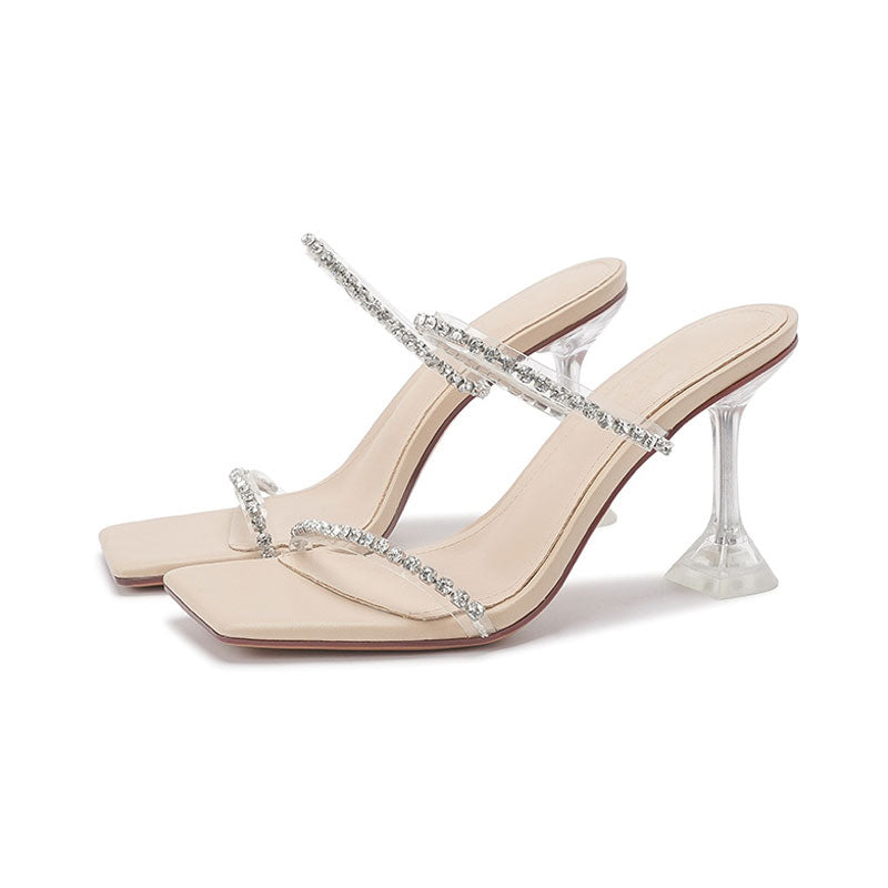 Chic Crystal Embellished Clear PVC Square Toe Martini Heel Mules - Apricot