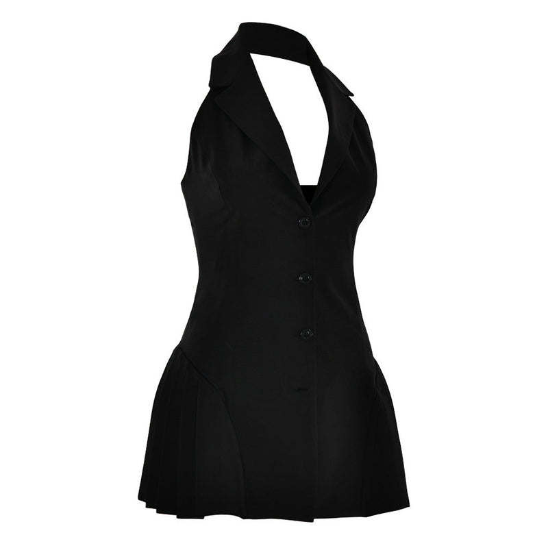 Chic Halter Lapel Collar Single Breasted Pleated Tailored Vest Micro Mini Dress