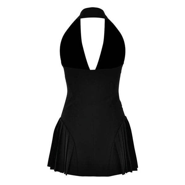 Chic Halter Lapel Collar Single Breasted Pleated Tailored Vest Micro Mini Dress