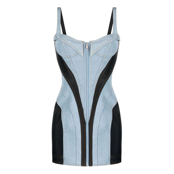 Contrast Blue & Black Bustier Front Zip Bodycon Hybrid Denim Mini Sundress