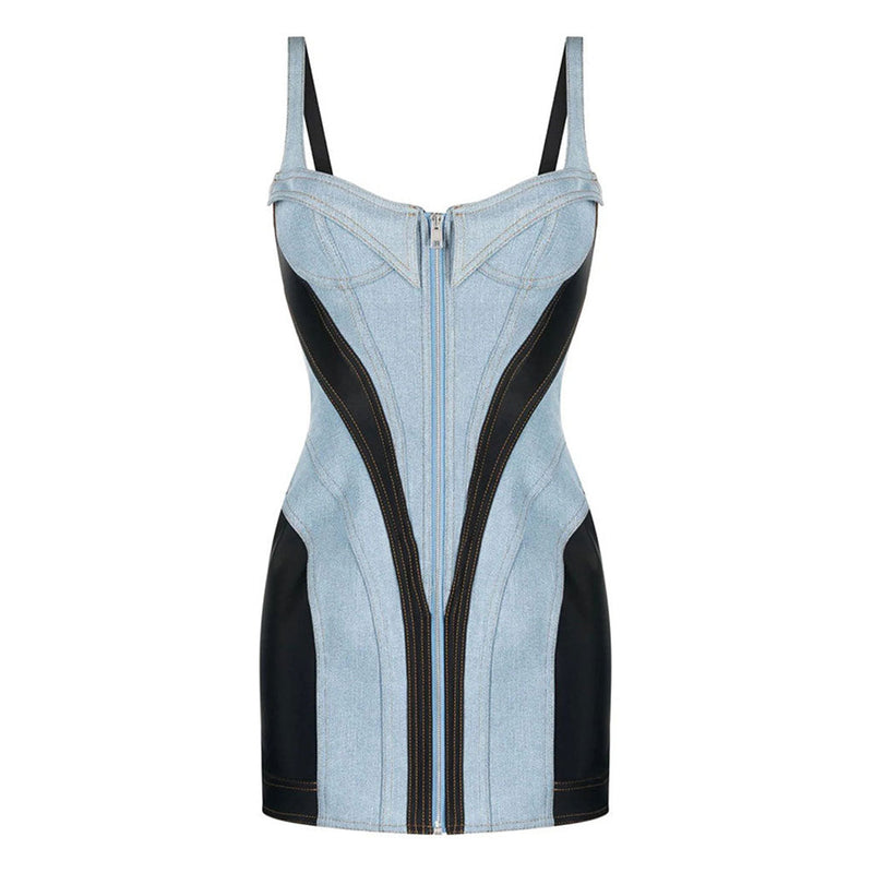 Contrast Blue & Black Bustier Front Zip Bodycon Hybrid Denim Mini Sundress