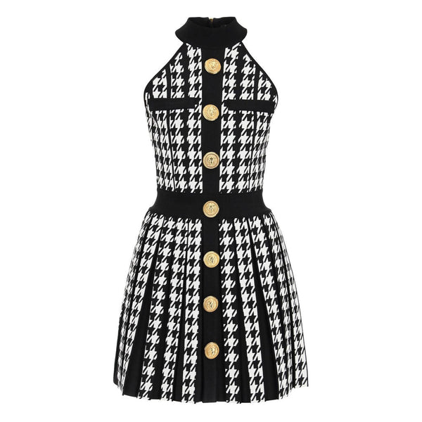 Contrast Buttoned Houndstooth Print Sleeveless Fit and Flare Mini Pleated Sweater Dress