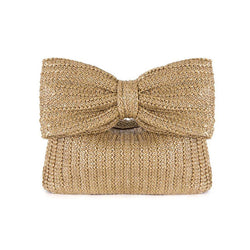 Cute Big Bow Zip Closure Top Handle Raffia Straw Woven Mini Clutch Bag