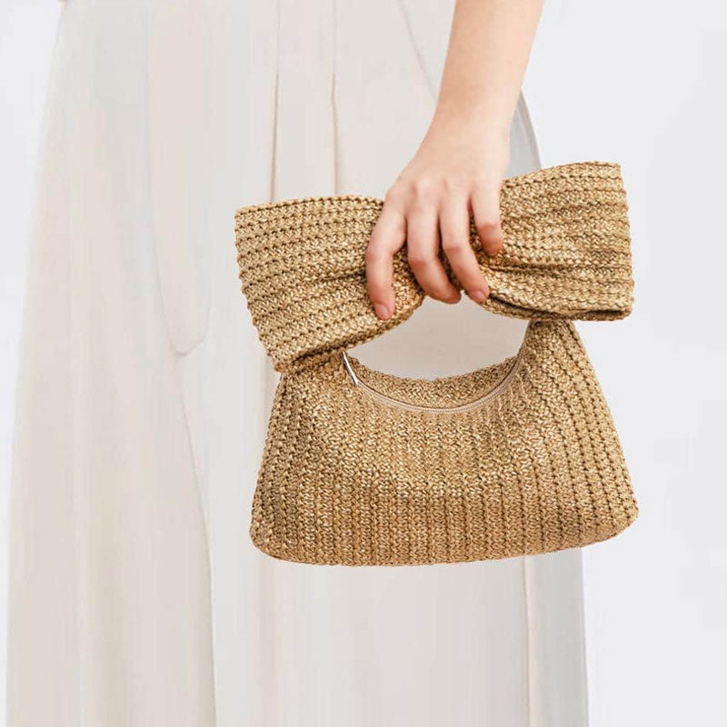 Cute Big Bow Zip Closure Top Handle Raffia Straw Woven Mini Clutch Bag